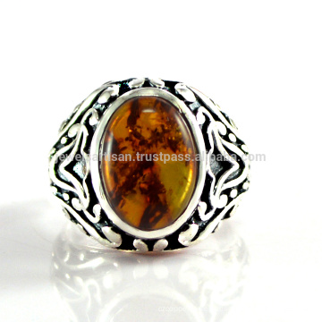 Gorgeous Amber Natural Gemstone With 925 Sterling Silver Antique Floral Design Occasional Men's Ring
